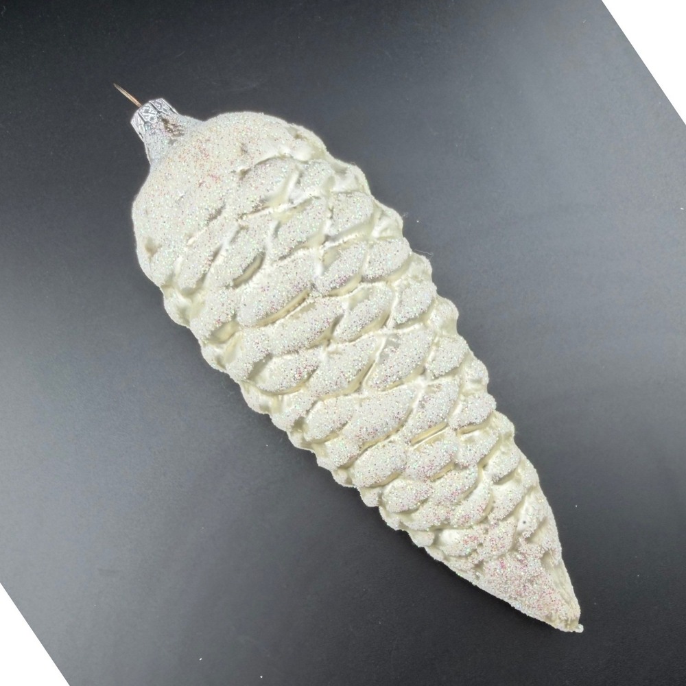 Off White Cream Glitter Pinecone Ornament 7.5in Glass Holiday Christmas Neutral